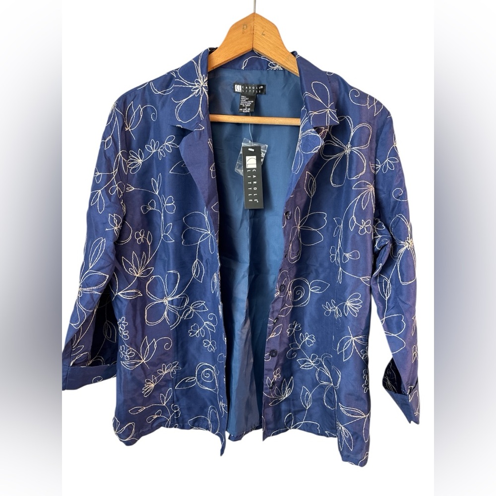 NWT Carol Little Blue Silk Embroidered Soft blazer Top 3/4 sleeve size L Career